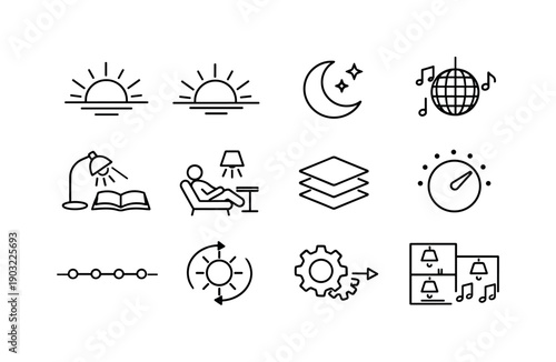 Lighting Automation Scenes. Line icon set of Lighting Automation Scenes: sunrise mode, sunset mode, night mode, party lights, work focus