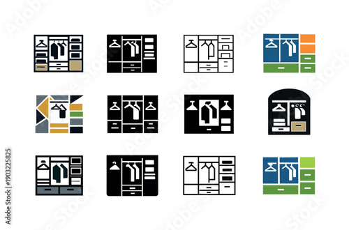 Organizing closet. Icon set. Set Logo of Organizing closet: tidy wardrobe layout. harmonious logo variations of the same emblematic concept,