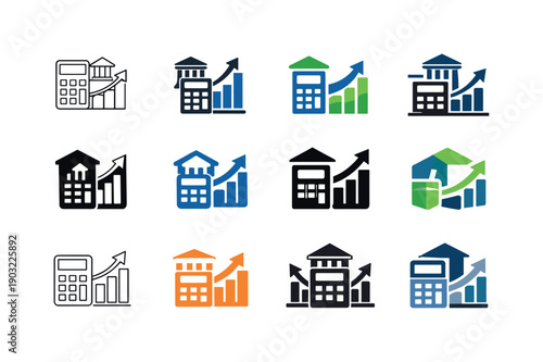 Bank loan calculator. Icon set. Set Logo of Bank loan calculator: calculator and graph combo. harmonious logo variations of the