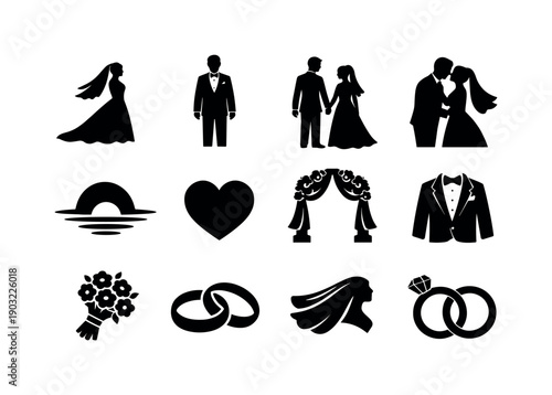 Bride and groom at sunset. Solid icon set of bride and groom at sunset: bride silhouette, groom silhouette, couple holding hands, wedding
