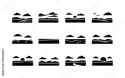 Nature Iconography. Wide Open Nature Scene. Solid icon set of Wide Open Nature Scene: expansive field, layered clouds, minimal landscape, distant horizon, sky