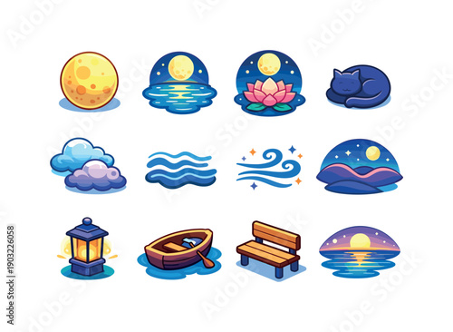 Moon Serenity. Colorful isometric vector icons set of Moon Serenity: calm full moon, moon over water, lotus under moon, sleeping