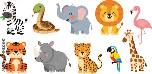 Cute safari animal collection with lion tiger elephant zebra giraffe flamingo parrot rhino and snake cartoon vector illustration set
