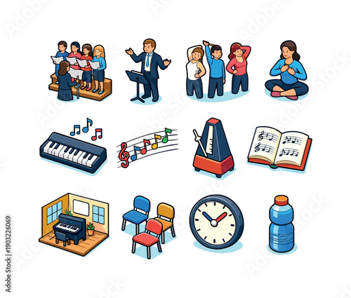 Choir rehearsal. Colorful isometric vector icons set of choir rehearsal: choir practice, conductor leading, singers warming up, breathing
