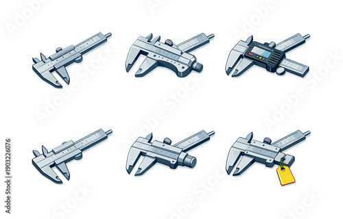 Isometric Measuring Tools. Metal measuring tools. Isometric flat vector icons set of metal measuring tools: industrial vernier caliper, heavy-duty caliper