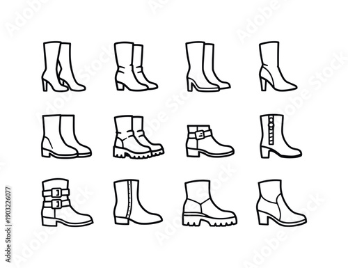 Fashion Boots. Line icon set of Fashion Boots: high heel boots, suede boots, leather boots, pointed toe boots, round toe boots, chunky boots,