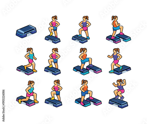 Step Aerobics. Colorful isometric vector icons set of Step Aerobics: step platform, knee lift, side step, basic step, corner step, repeater