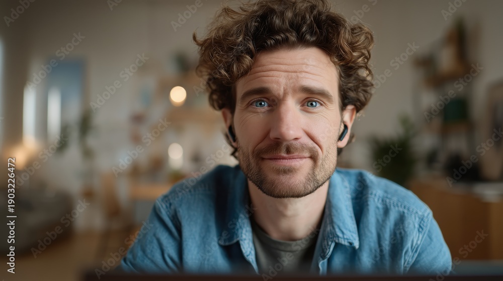 Obraz premium Man on video conference. Online meeting from home workspace. Casual remote work and digital communication. Friendly face during virtual conversation. 