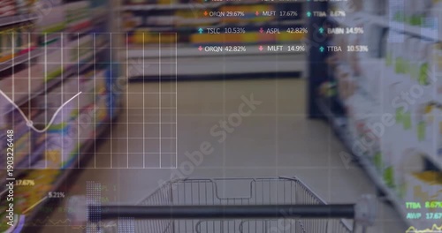 Motion-triggered HUD appearing over metal cart moving down store aisle, animating retail analytics