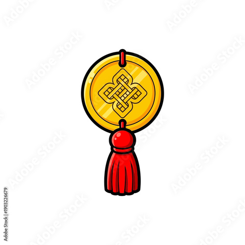 A golden Chinese lucky coin charm with a red tassel and intricate knot design, symbolizing prosperity and good fortune.