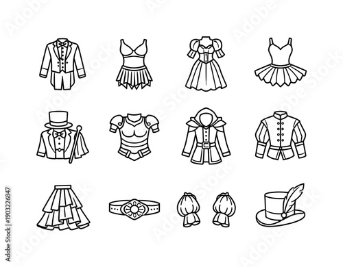Stage Costume. Line icon set of Stage Costume: actor costume, dancer outfit, opera costume, ballet tutu, musical theater costume, stage
