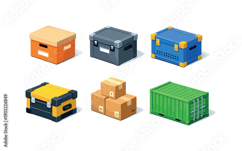 Warehouse archive. Isometric flat vector icons set of warehouse archive: bulk archive box, reinforced storage box, industrial archive crate,