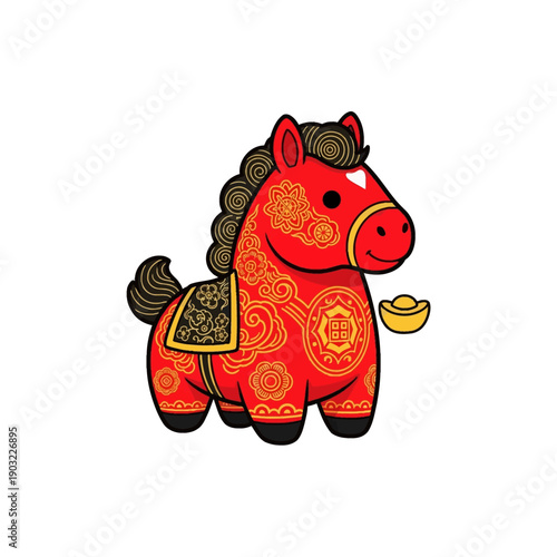 A cute red cartoon horse with golden patterns and a golden ingot, symbolizing Chinese New Year and good fortune.
