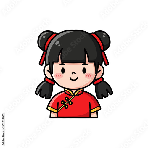 A cute cartoon illustration of a smiling Chinese girl wearing a traditional red cheongsam dress with pigtail buns and red ribbons.