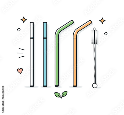 Reusable straws. Flat lay composition showing reusable straws with a small cleaning brush beside them. Practical everyday routine and care,