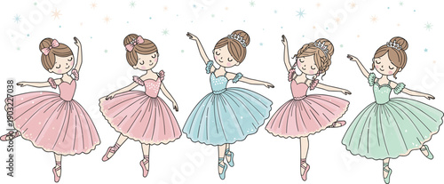 Cute ballerina girls dancing in pastel tutus with sparkles isolated on white background ballet cartoon vector illustration set