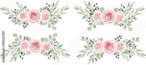 Soft pink rose floral border arrangements with greenery and berries isolated on white background elegant watercolor botanical vector illustration set