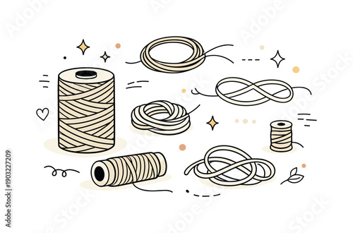 Natural twine rope. Twine spools and loose loops arranged in a balanced layout, emphasizing natural material qualities and rhythmic form.