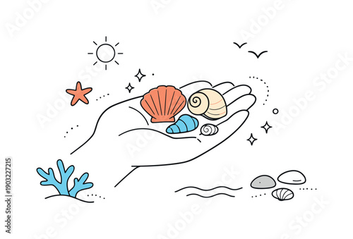 Seashell Harmony. Seashells collection. Hand gently holding a few seashells, presented in a simple editorial scene. Feeling of discovery, mindfulness, and