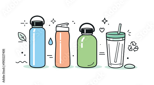 Sustainable Bottle Designs. Reusable water bottles. A clean layout of modern refillable bottles in various shapes and soft colors, expressing sustainability
