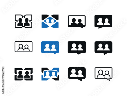 Video call window. Icon set. Set Logo of video call window: abstract communication grid. harmonious logo variations of the same emblematic