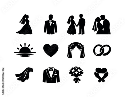 Bride and groom at sunset. Solid icon set of bride and groom at sunset: bride silhouette, groom silhouette, couple holding hands, wedding