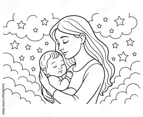 Mother holding baby in arms with clouds and stars surrounding them