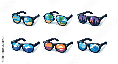 Sunglasses reflection. Isometric flat vector icons set of sunglasses reflection: sunglasses with beach reflection, sunglasses with palm tree