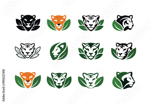 tiger preservation. Icon set. Set Logo of tiger preservation: tiger and leaf harmony. harmonious logo variations of the same emblematic