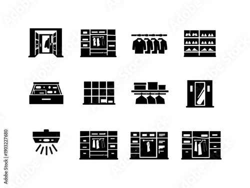 Built-in closet systems. Solid icon set of built-in closet systems: walk in closet, wardrobe shelves, hanging rails, shoe storage, drawer