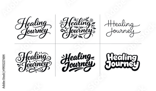 Healing journey lettering. Set lettering. harmonious lettering variations of the same emblematic concept, each with different artistic