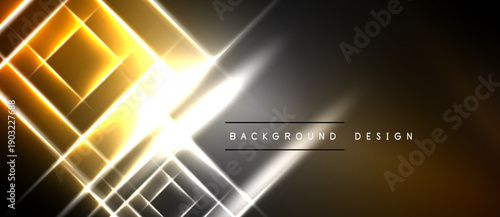 Abstract golden lines intersect, creating bright light effects. Dark background emphasizes glowing geometric shapes, modern design element.