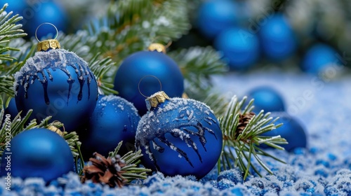 Festive Blue Christmas Ornaments with Frosted Snow and Pine Needles on a Colorful Background