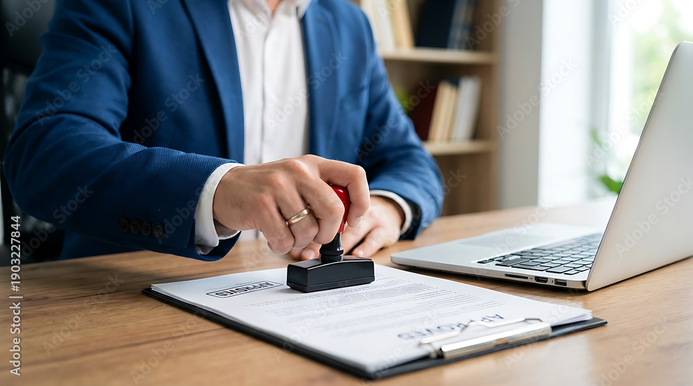 Fototapeta premium Businessman sealing document with stamp in modern office