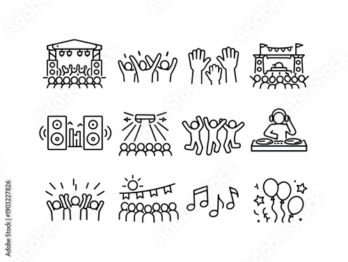 Festival Icon Set. Festival dance crowd. Line icon set of Festival dance crowd: outdoor stage, cheering crowd, waving arms, music festival, sound system, light