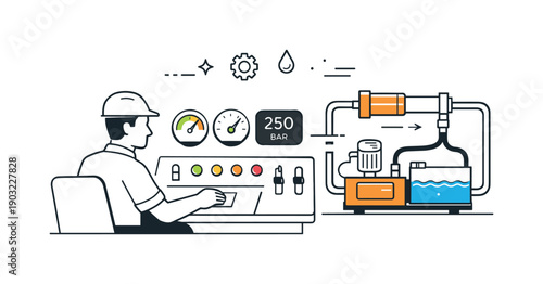Hydraulic control concept. Operator monitoring a hydraulic system via simple gauges and indicators. Calm supervision, controlled energy, and