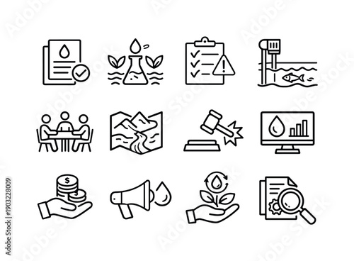 Water management policy. Line icon set of Water management policy: regulation document, nutrient limits, compliance checklist, environmental