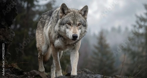 Gray wolf walking through forest environment