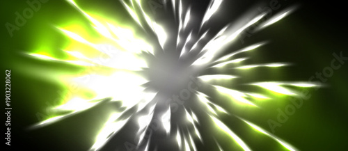 Bright explosion radiates outward. Green, white hues dominate composition. Sharp lines suggest intense energy release. Dramatic visual effect.