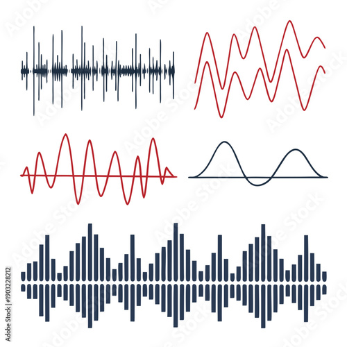 Various audio waveforms and sound patterns displayed in a graphical format. Vector
