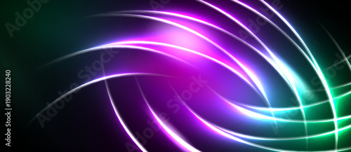 Abstract neon lines swirl, creating vibrant energy. Bright magenta, green hues dominate dark background. Dynamic, modern design.