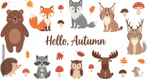 Cute autumn forest animal collection with bear fox wolf raccoon moose owl hedgehog leaves and mushrooms cartoon vector illustration set