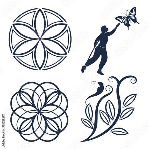 Intricate designs of flowers and a person with a bow and arrow Vector