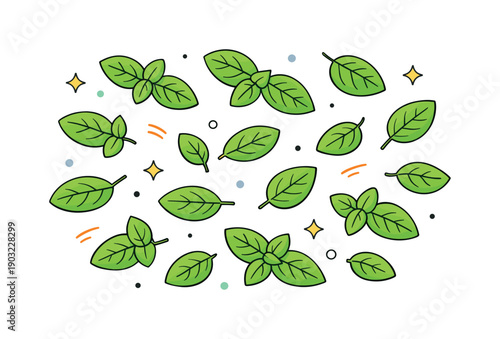 Basil leaves flat lay. Loose basil leaves scattered gently in a balanced top-view arrangement. The mood is light and organic, suggesting