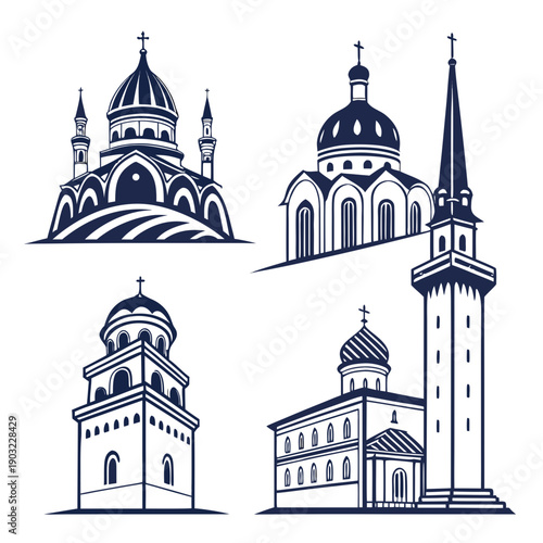 Five distinct architectural styles of churches and cathedrals in black and white Vector