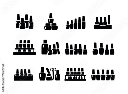 nail polish collection. Solid icon set of nail polish collection: multiple polish bottles, stacked bottles, gradient lineup, cosmetic