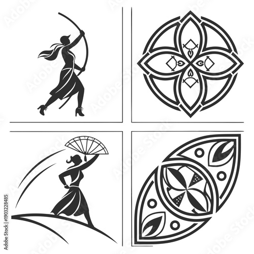 Ancient symbols and mythical creatures depicted in intricate black and white illustrations Vector