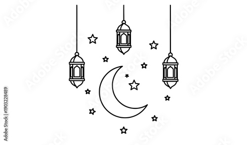 Ramadan Kareem hanging lanterns with crescent moon minimal flat vector illustration on white background