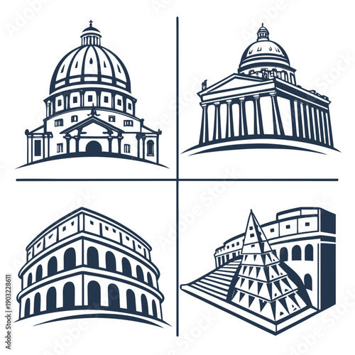 Four distinct architectural styles showcasing the beauty of historic buildings Vector