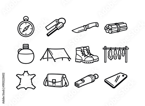 Survival Gear Icons. Wilderness survival gear. Line icon set of Wilderness survival gear: compass, flint striker, survival knife, firewood bundle, water